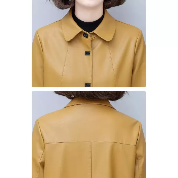 imagechouyatou Womens Elegant Collared Single Breasted Pu Faux Leather Jacket Trench Coat with PocketsTurmeric Yellow