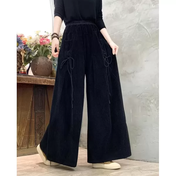 imagechouyatou Womens Fall Casual Wide Leg Baggy Corduroy Pants Elastic Waist Baggy Culotte Loose TrousersBlack