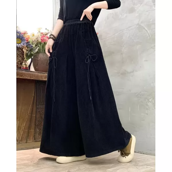 imagechouyatou Womens Fall Casual Wide Leg Baggy Corduroy Pants Elastic Waist Baggy Culotte Loose TrousersBlack