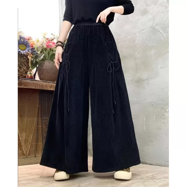 imagechouyatou Womens Fall Casual Wide Leg Baggy Corduroy Pants Elastic Waist Baggy Culotte Loose TrousersBlack