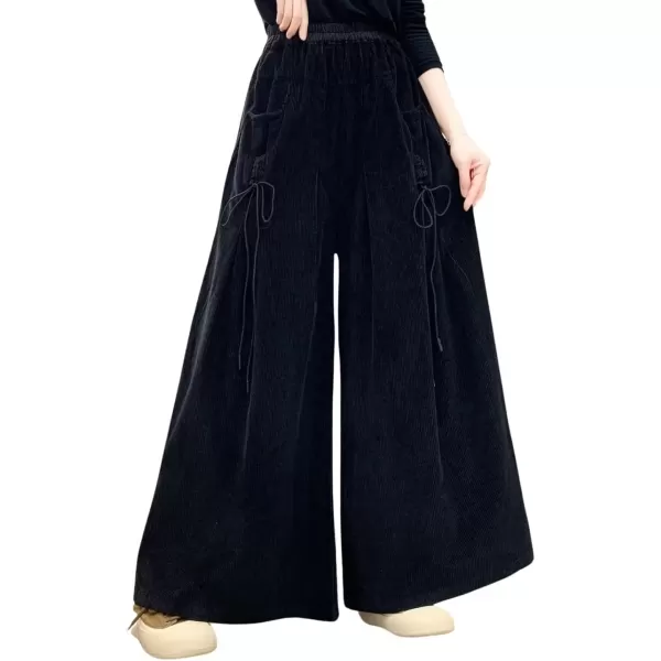 imagechouyatou Womens Fall Casual Wide Leg Baggy Corduroy Pants Elastic Waist Baggy Culotte Loose TrousersBlack