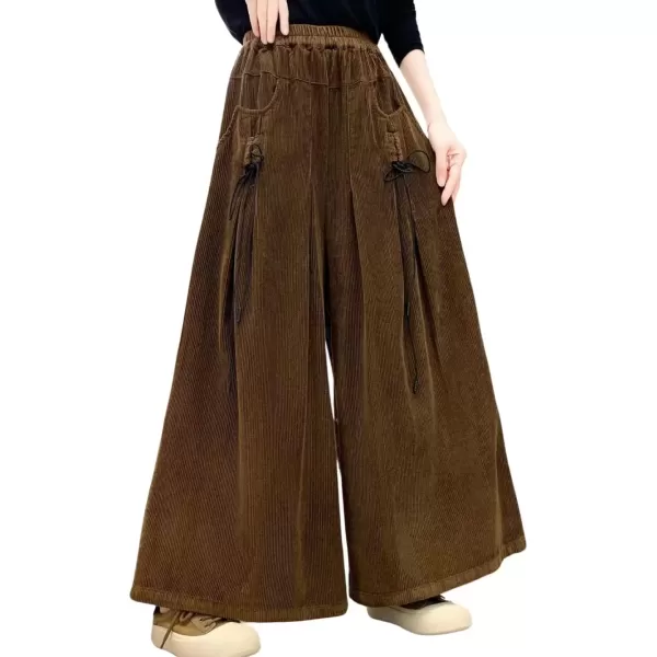 imagechouyatou Womens Fall Casual Wide Leg Baggy Corduroy Pants Elastic Waist Baggy Culotte Loose TrousersBrown