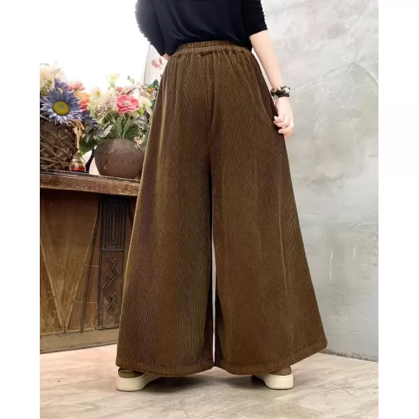imagechouyatou Womens Fall Casual Wide Leg Baggy Corduroy Pants Elastic Waist Baggy Culotte Loose TrousersBrown