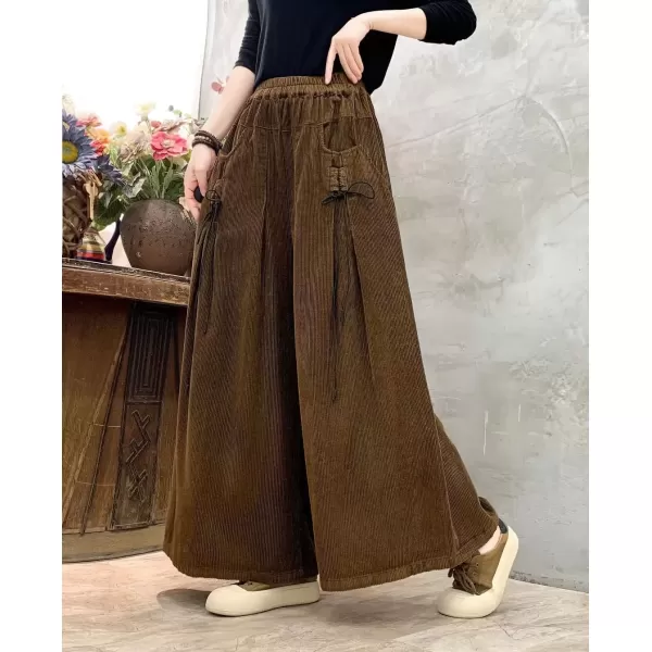 imagechouyatou Womens Fall Casual Wide Leg Baggy Corduroy Pants Elastic Waist Baggy Culotte Loose TrousersBrown