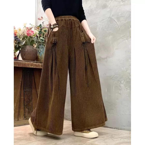 imagechouyatou Womens Fall Casual Wide Leg Baggy Corduroy Pants Elastic Waist Baggy Culotte Loose TrousersBrown