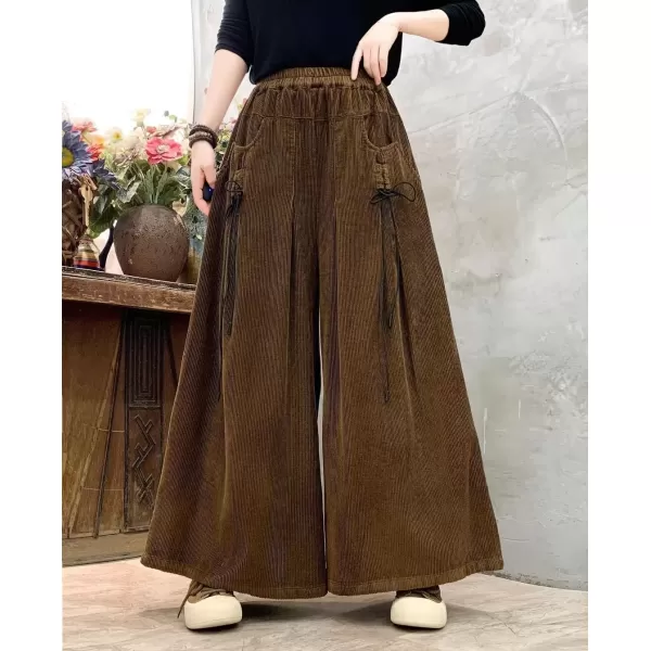 imagechouyatou Womens Fall Casual Wide Leg Baggy Corduroy Pants Elastic Waist Baggy Culotte Loose TrousersBrown