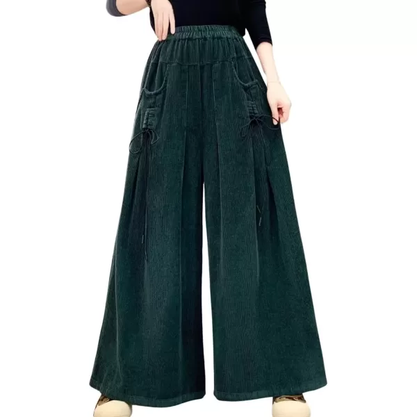 imagechouyatou Womens Fall Casual Wide Leg Baggy Corduroy Pants Elastic Waist Baggy Culotte Loose TrousersGreen