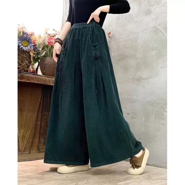imagechouyatou Womens Fall Casual Wide Leg Baggy Corduroy Pants Elastic Waist Baggy Culotte Loose TrousersGreen