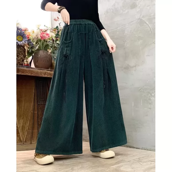 imagechouyatou Womens Fall Casual Wide Leg Baggy Corduroy Pants Elastic Waist Baggy Culotte Loose TrousersGreen