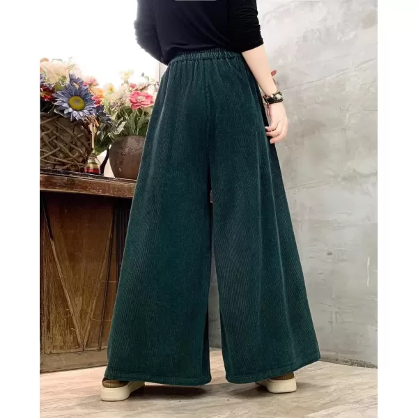 imagechouyatou Womens Fall Casual Wide Leg Baggy Corduroy Pants Elastic Waist Baggy Culotte Loose TrousersGreen