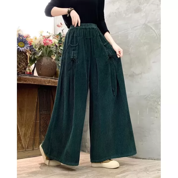 imagechouyatou Womens Fall Casual Wide Leg Baggy Corduroy Pants Elastic Waist Baggy Culotte Loose TrousersGreen