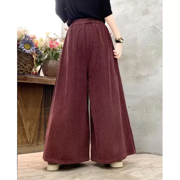 imagechouyatou Womens Fall Casual Wide Leg Baggy Corduroy Pants Elastic Waist Baggy Culotte Loose TrousersRust Red
