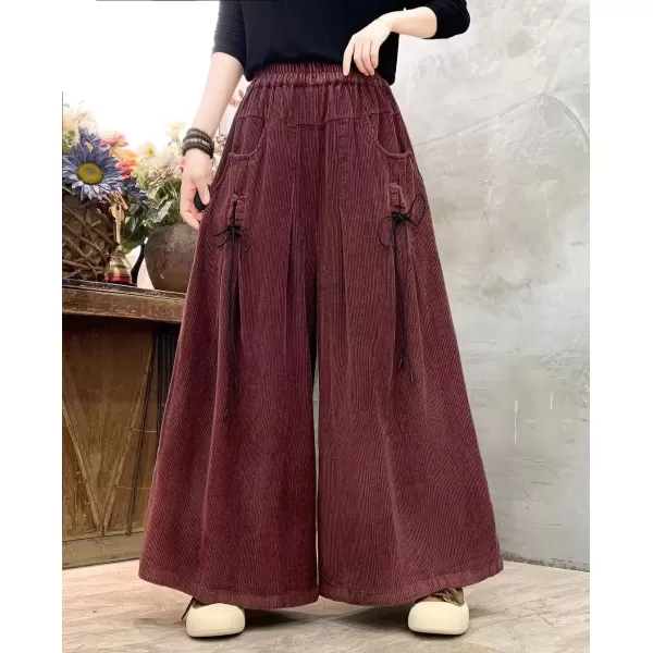 imagechouyatou Womens Fall Casual Wide Leg Baggy Corduroy Pants Elastic Waist Baggy Culotte Loose TrousersRust Red