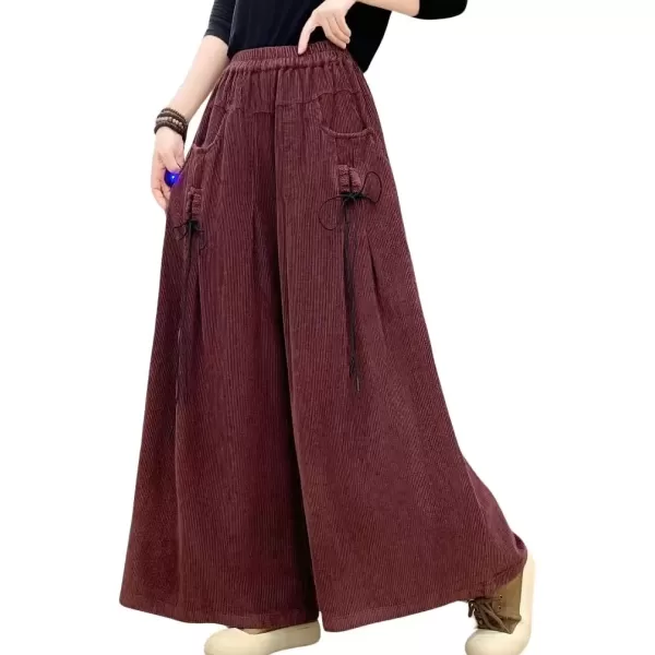 imagechouyatou Womens Fall Casual Wide Leg Baggy Corduroy Pants Elastic Waist Baggy Culotte Loose TrousersRust Red