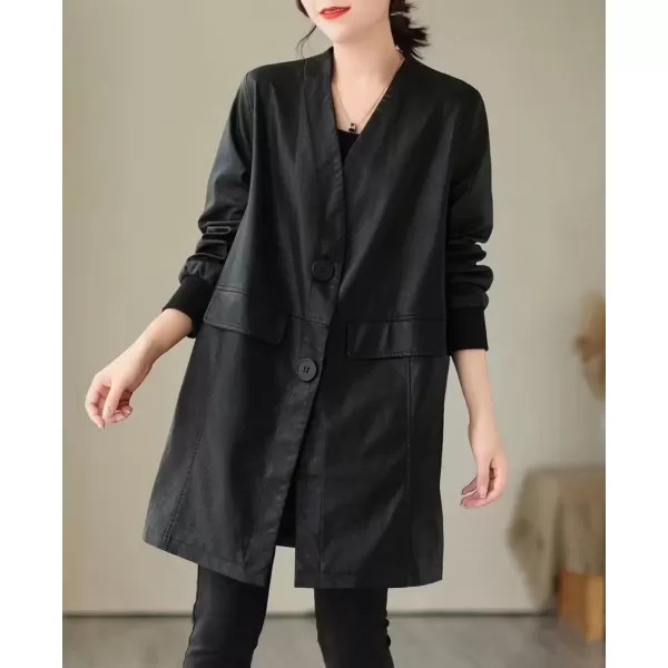 imagechouyatou Womens Fall VNeck Midi Long Faux Leather Jacket Office Business Casual Trench CoatBlack