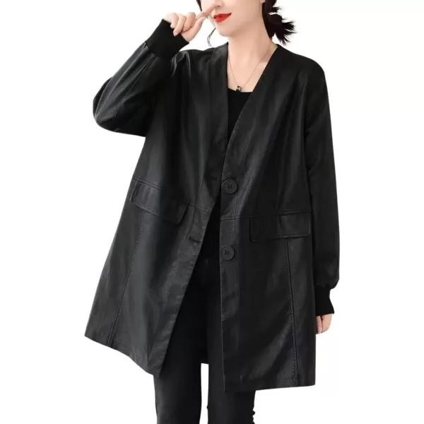 imagechouyatou Womens Fall VNeck Midi Long Faux Leather Jacket Office Business Casual Trench CoatBlack