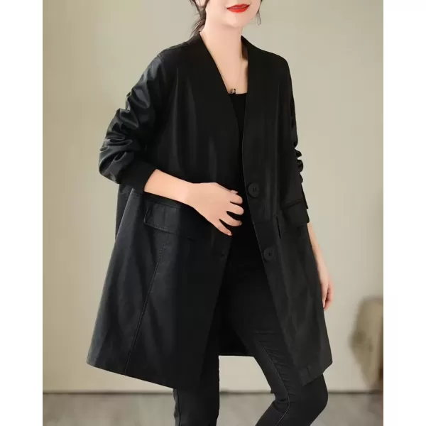 imagechouyatou Womens Fall VNeck Midi Long Faux Leather Jacket Office Business Casual Trench CoatBlack