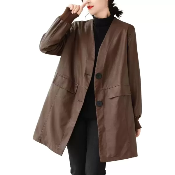 imagechouyatou Womens Fall VNeck Midi Long Faux Leather Jacket Office Business Casual Trench CoatBrown