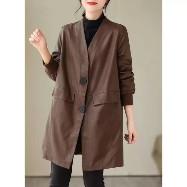 imagechouyatou Womens Fall VNeck Midi Long Faux Leather Jacket Office Business Casual Trench CoatBrown