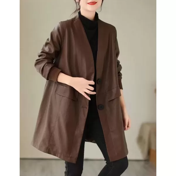 imagechouyatou Womens Fall VNeck Midi Long Faux Leather Jacket Office Business Casual Trench CoatBrown