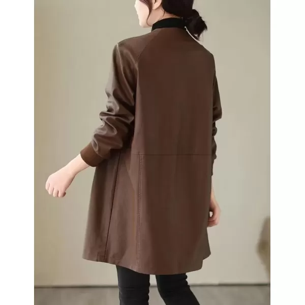 imagechouyatou Womens Fall VNeck Midi Long Faux Leather Jacket Office Business Casual Trench CoatBrown