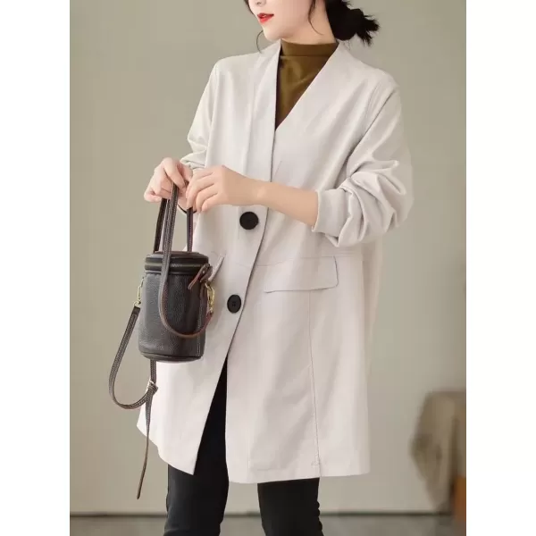 imagechouyatou Womens Fall VNeck Midi Long Faux Leather Jacket Office Business Casual Trench CoatOffwhite