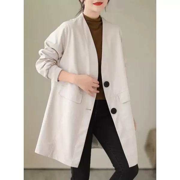 imagechouyatou Womens Fall VNeck Midi Long Faux Leather Jacket Office Business Casual Trench CoatOffwhite