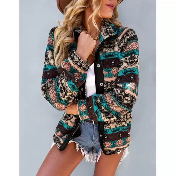 imagechouyatou Womens Fleece Jacket Tribal Aztec Print Long Sleeve Button Down Shacket Jacket CoatsBlack