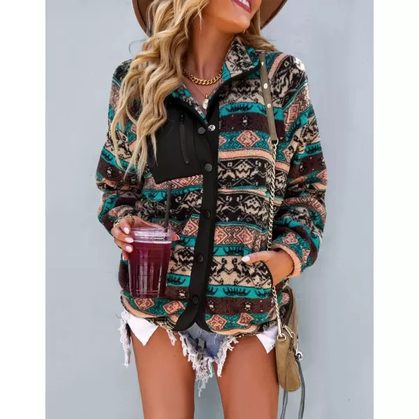 imagechouyatou Womens Fleece Jacket Tribal Aztec Print Long Sleeve Button Down Shacket Jacket CoatsBlack