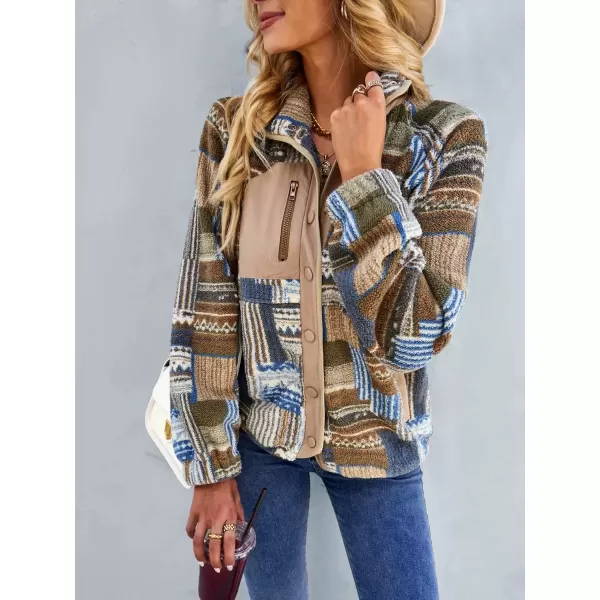 imagechouyatou Womens Fleece Jacket Tribal Aztec Print Long Sleeve Button Down Shacket Jacket CoatsBrown