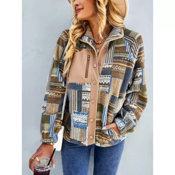 imagechouyatou Womens Fleece Jacket Tribal Aztec Print Long Sleeve Button Down Shacket Jacket CoatsBrown