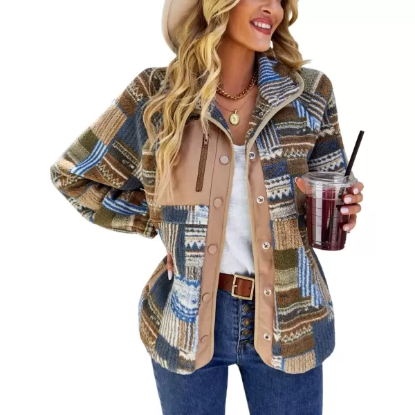 imagechouyatou Womens Fleece Jacket Tribal Aztec Print Long Sleeve Button Down Shacket Jacket CoatsBrown