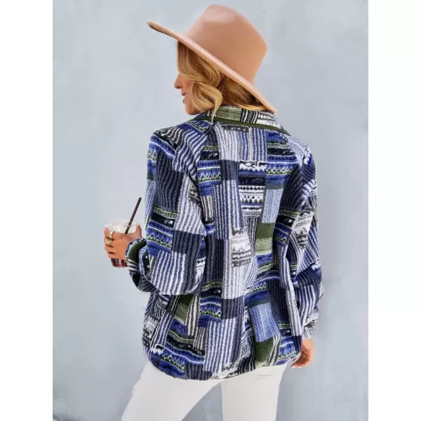 imagechouyatou Womens Fleece Jacket Tribal Aztec Print Long Sleeve Button Down Shacket Jacket CoatsGreen