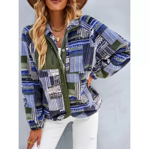 imagechouyatou Womens Fleece Jacket Tribal Aztec Print Long Sleeve Button Down Shacket Jacket CoatsGreen