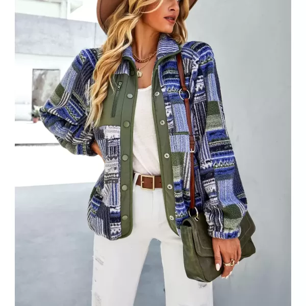 imagechouyatou Womens Fleece Jacket Tribal Aztec Print Long Sleeve Button Down Shacket Jacket CoatsGreen