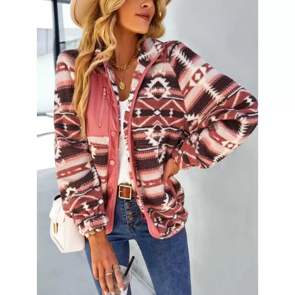 imagechouyatou Womens Fleece Jacket Tribal Aztec Print Long Sleeve Button Down Shacket Jacket CoatsPink