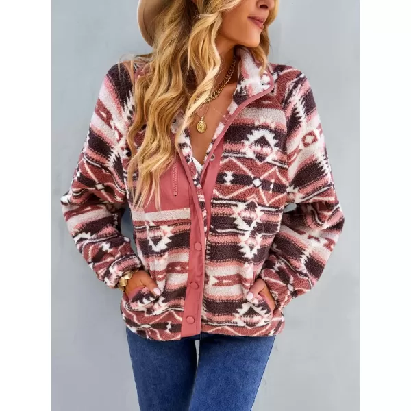 imagechouyatou Womens Fleece Jacket Tribal Aztec Print Long Sleeve Button Down Shacket Jacket CoatsPink