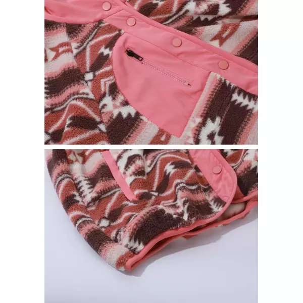 imagechouyatou Womens Fleece Jacket Tribal Aztec Print Long Sleeve Button Down Shacket Jacket CoatsPink