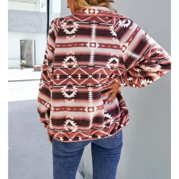 imagechouyatou Womens Fleece Jacket Tribal Aztec Print Long Sleeve Button Down Shacket Jacket CoatsPink