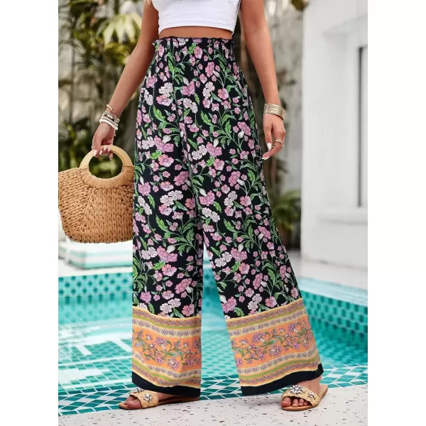 imagechouyatou Womens Floral Wide Leg Palazzo Pants Boho High Elastic Waisted Beach Flowy Pants with PocketsBlack