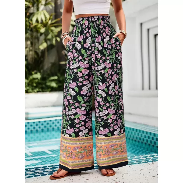 imagechouyatou Womens Floral Wide Leg Palazzo Pants Boho High Elastic Waisted Beach Flowy Pants with PocketsBlack