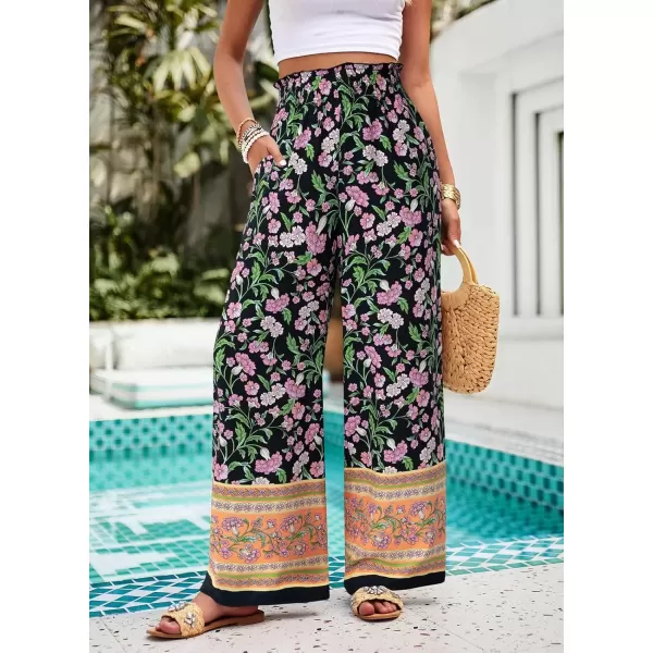 imagechouyatou Womens Floral Wide Leg Palazzo Pants Boho High Elastic Waisted Beach Flowy Pants with PocketsBlack