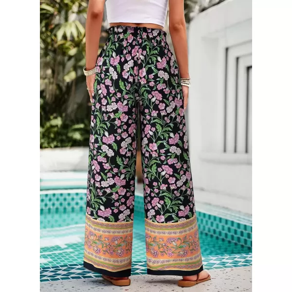 imagechouyatou Womens Floral Wide Leg Palazzo Pants Boho High Elastic Waisted Beach Flowy Pants with PocketsBlack