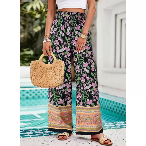 imagechouyatou Womens Floral Wide Leg Palazzo Pants Boho High Elastic Waisted Beach Flowy Pants with PocketsBlack