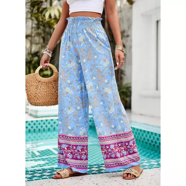 imagechouyatou Womens Floral Wide Leg Palazzo Pants Boho High Elastic Waisted Beach Flowy Pants with PocketsBlue