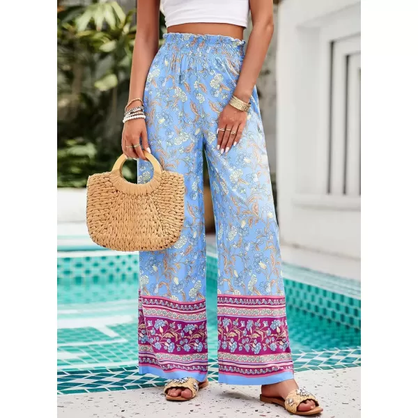 imagechouyatou Womens Floral Wide Leg Palazzo Pants Boho High Elastic Waisted Beach Flowy Pants with PocketsBlue