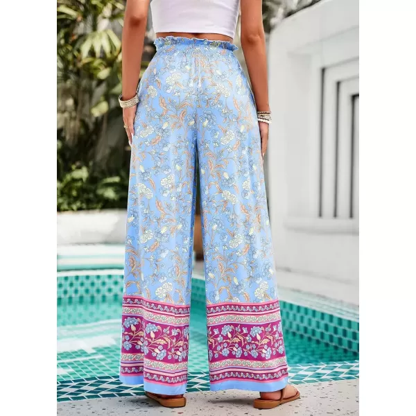imagechouyatou Womens Floral Wide Leg Palazzo Pants Boho High Elastic Waisted Beach Flowy Pants with PocketsBlue