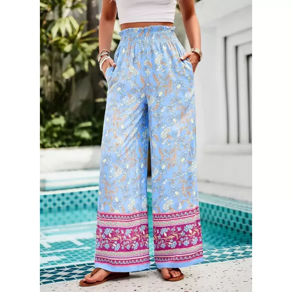 imagechouyatou Womens Floral Wide Leg Palazzo Pants Boho High Elastic Waisted Beach Flowy Pants with PocketsBlue