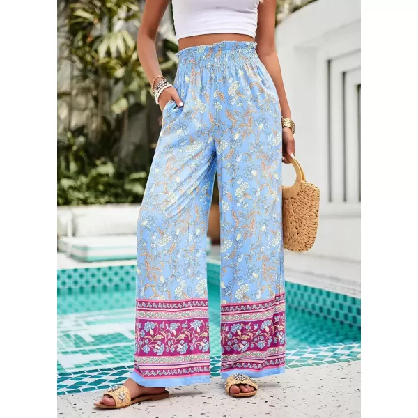 imagechouyatou Womens Floral Wide Leg Palazzo Pants Boho High Elastic Waisted Beach Flowy Pants with PocketsBlue