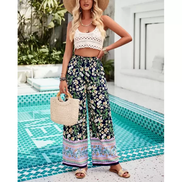 imagechouyatou Womens Floral Wide Leg Palazzo Pants Boho High Elastic Waisted Beach Flowy Pants with PocketsNavy